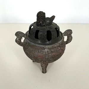 Vintage Chinese Bronze‎ Incense Burner Censer Foo Dog Lid Tripod Pot